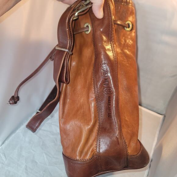 Marino Orlandi Leather Italian Bucket Bag NewBuck Cognac Drawstring Purse tartan - Picture 10 of 12